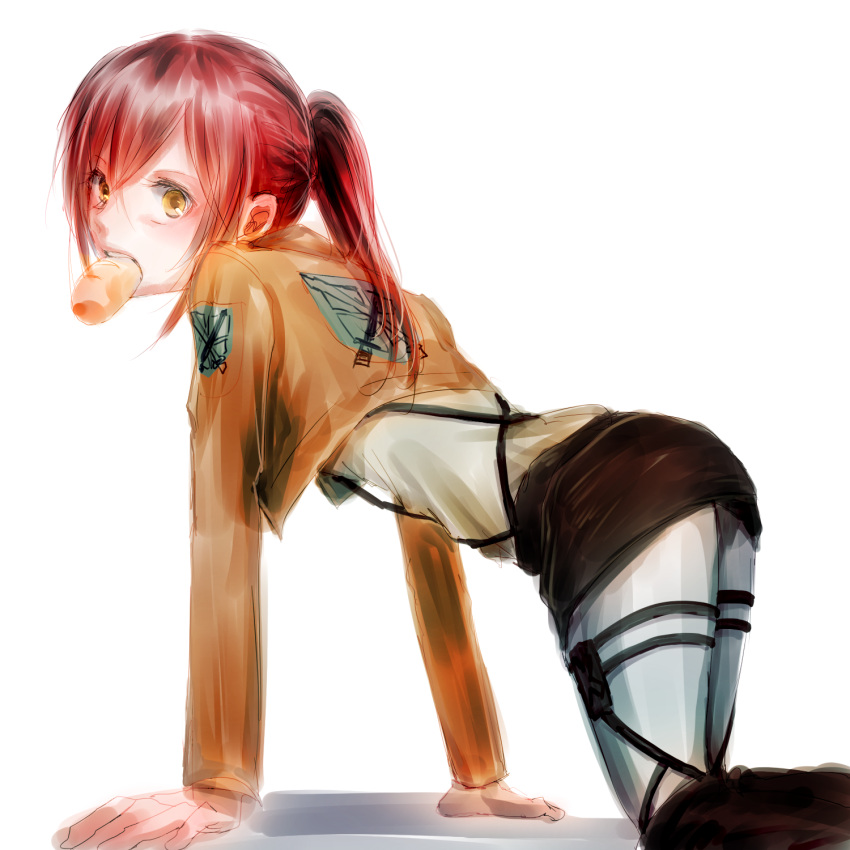 1girl, all_fours, bread, brown_eyes, brown_hair, brown_jacket, food, food_in_mouth