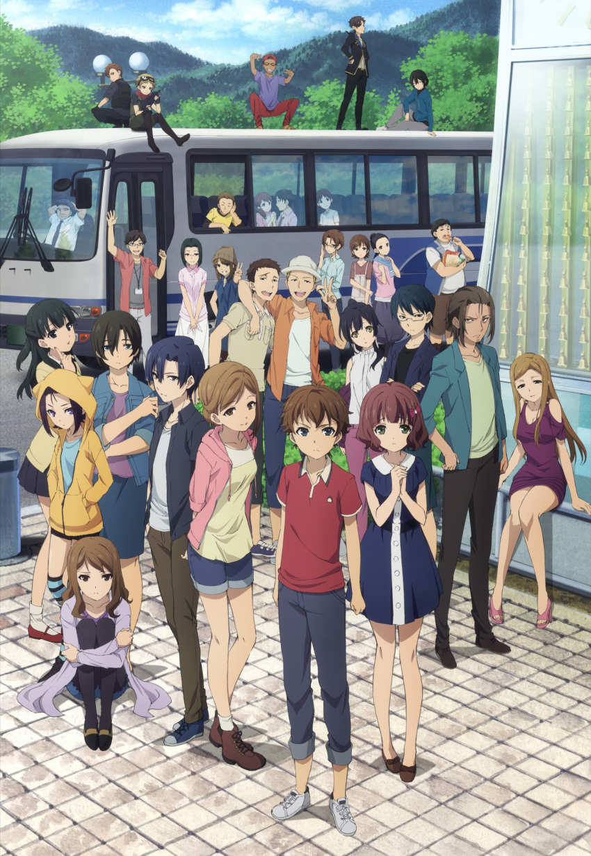 6+boys, 6+girls, animal_ears, animal_hood, arms_behind_back, belt, black_eyes, black_hair, black_legwear, black_necktie, black_shorts, black_skirt, blue_hair, blue_scarf, blue_shorts, breasts, brown_eyes, brown_hair, bus, cat_hood, cleavage, closed_eyes, collarbone, crossed_arms, dahara_(mayoiga), denim, denim_shorts, dozaemon_(mayoiga), dress, driver_(mayoiga), eating, eye_contact, eyepatch, fake_animal_ears, glasses_on_head, green_eyes, grin, ground_vehicle, gun, hair_between_eyes, hair_ornament, hands_on_hips, hat, hayato_(mayoiga), head_tilt, highres, holding, holding_gun, holding_hands, holding_weapon, hood, hooded_jacket, hyouketsu_no_judgness_(mayoiga), jack_(mayoiga), jacket, jigoku_no_gouka_(mayoiga), key_visual, koharun_(mayoiga), lion_(mayoiga), long_hair, looking_at_another, looking_at_viewer, lovepon_(mayoiga), maimai_(mayoiga), manbe_(mayoiga), masaki_(mayoiga), mayoiga, medium_breasts, mikage_(mayoiga), mitsumune_(mayoiga), mole, mole_under_eye, motor_vehicle, multiple_boys, multiple_girls, naana_(mayoiga), nanko_(mayoiga), necktie, nettayia_(mayoiga), no_socks, nyanta_(mayoiga), official_art, open_clothes, open_jacket, open_mouth, outdoors, piitan_(mayoiga), pleated_skirt, ponytail, purple_dress, puuko_(mayoiga), scarf, shirt, shoes, short_hair, short_shorts, shorts, sitting, skirt, smile, sneakers, soy_latte_(mayoiga), striped, striped_legwear, sunglasses, thigh-highs, toriyasu_(mayoiga), toshi_boy_(mayoiga), unzipped, v, valkana_(mayoiga), violet_eyes, wanko_(mayoiga), weapon, white_shirt, yamauchi_(mayoiga), yellow_jacket, yottsun_(mayoiga), yuuna_(mayoiga), yuune_(mayoiga), yuuno_(mayoiga)
