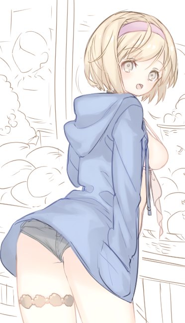 1girl, ass, bikini_top, black_panties, blonde_hair, blush, breasts, djeeta_(granblue_fantasy), flat_ass, granblue_fantasy, grey_eyes, hairband, hands_in_pockets, hood, hood_down, hoodie, koza_game, long_sleeves, looking_back, medium_breasts, open_mouth, panties, short_hair, sideboob, solo, thigh_strap, underwear, white_bikini_top