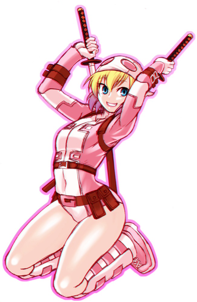 1girl, belt, blonde_hair, boots, chiba_toshirou, dual_wielding, gwenpool, kneeling