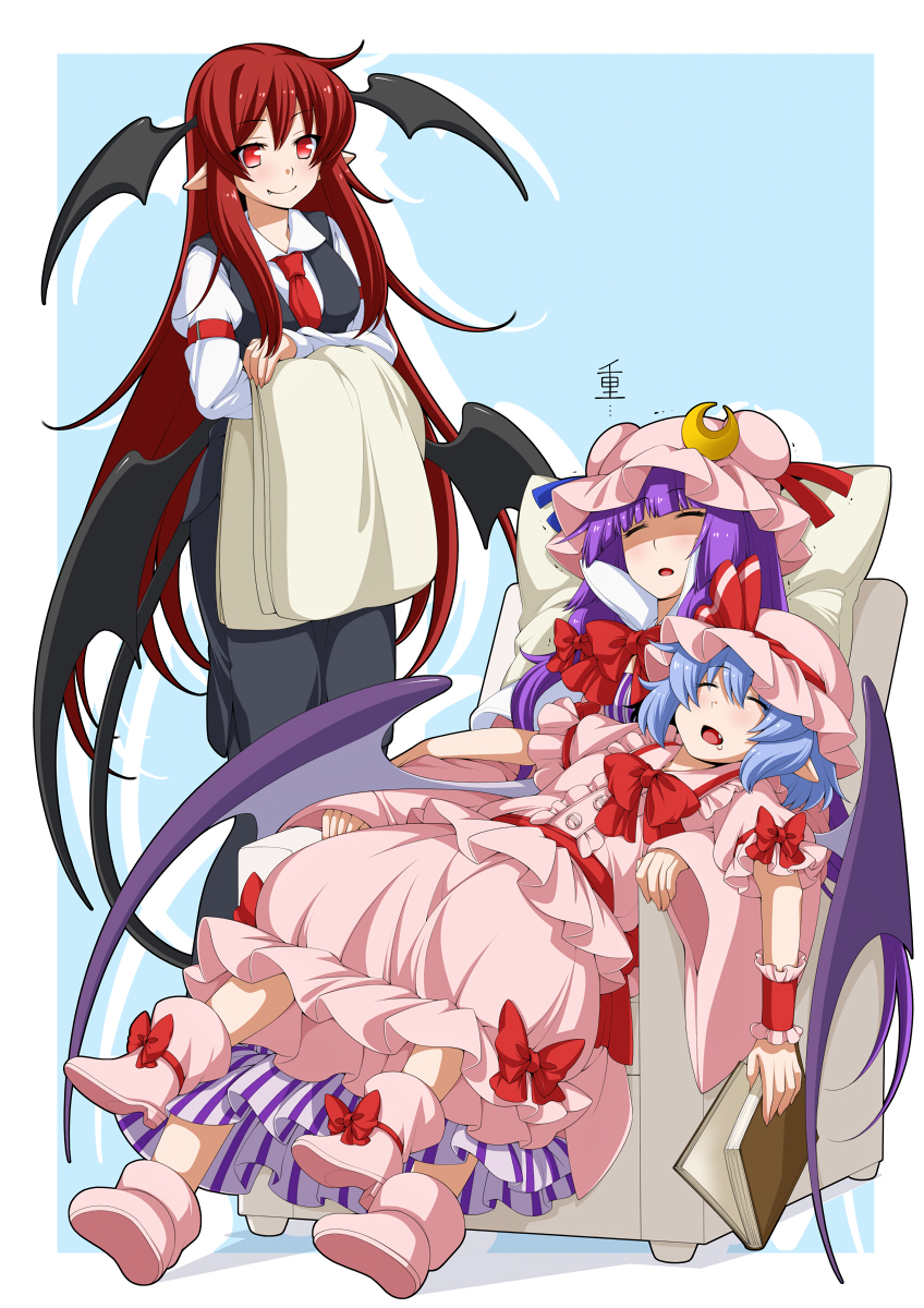 3girls, arm_garter, bangs, bat_wings, blue_hair, blue_ribbon, blunt_bangs, blush