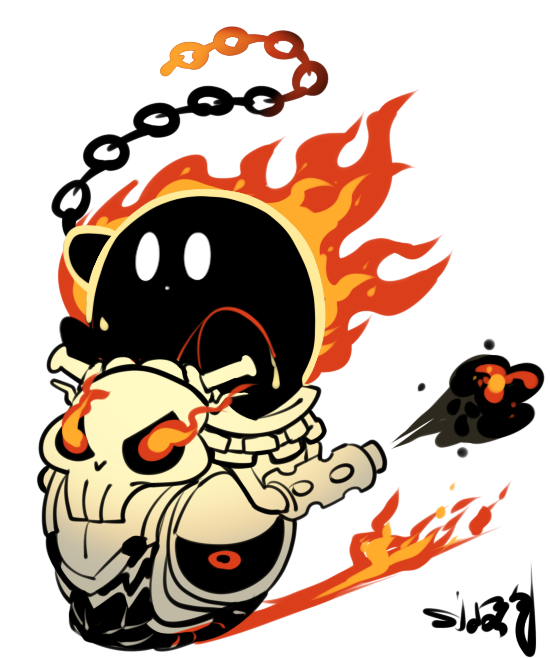 artist_name, burning, chain, fire, ghost_rider, kirby, kirby_(series), marvel, no_humans, sido_(slipknot), skull, solo, wheelie_(kirby)