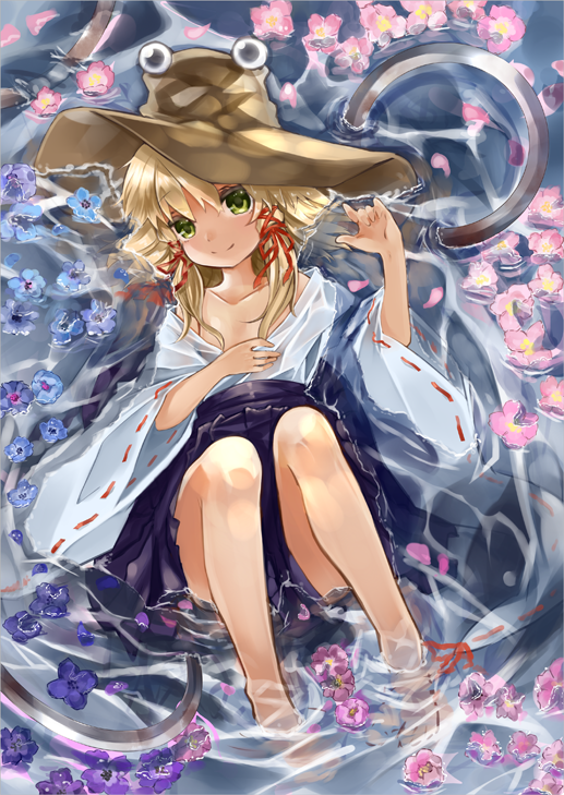1girl, barefoot, blonde_hair, closed_mouth, collarbone, flower, green_eyes, hair_ribbon