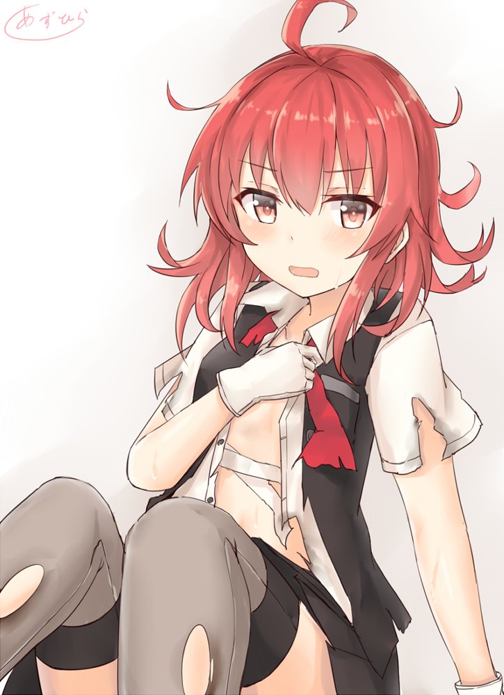1girl, ahoge, arashi_(kantai_collection), azuhira, black_skirt, blouse, blush, brown_eyes