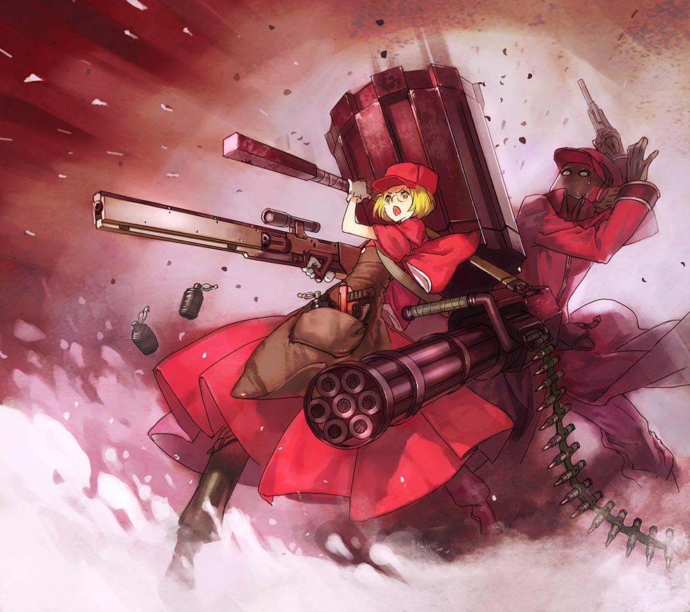 apron, belt_feed, blonde_hair, bomb, dress, explosive, gatling_gun, glasses