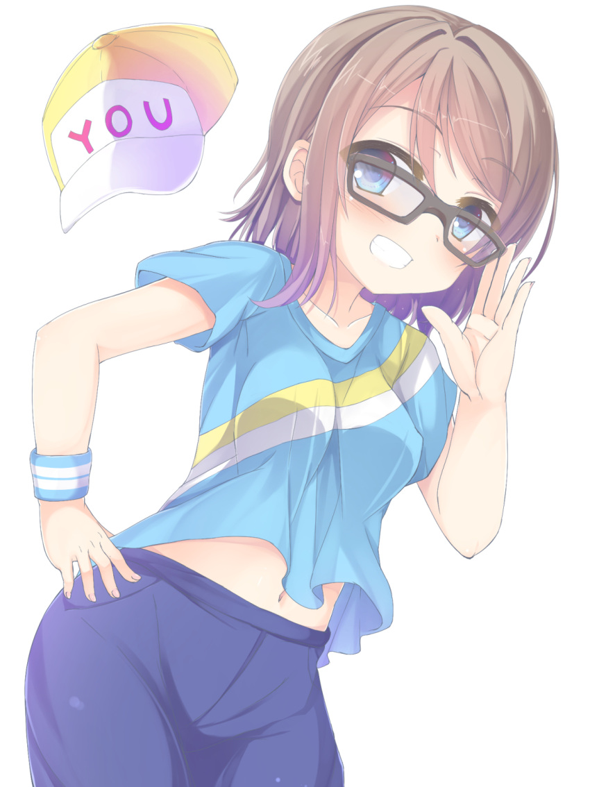 1girl, adjusting_glasses, blue_eyes, blush, breasts, brown_hair, clothes_writing, glasses