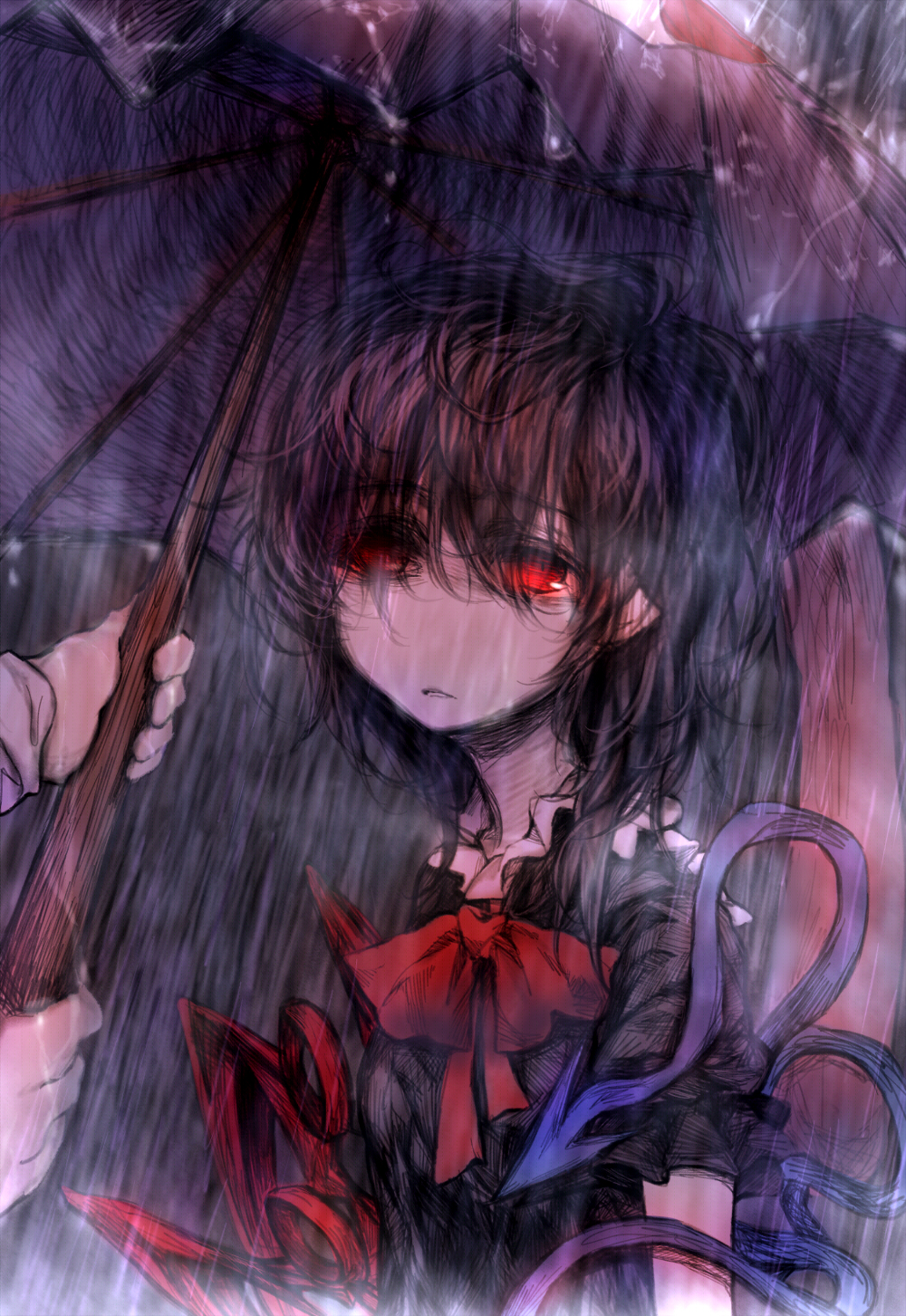 2girls, asymmetrical_wings, black_dress, black_hair, bow, dress, empty_eyes, highres