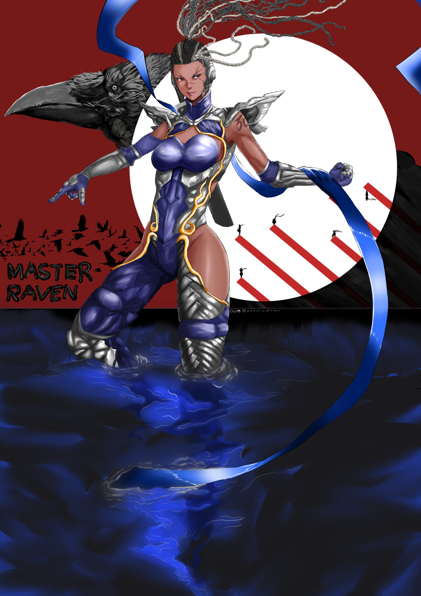 1girl, absurdres, armor, bird, black_hair, breasts, dark_skin, full_body
