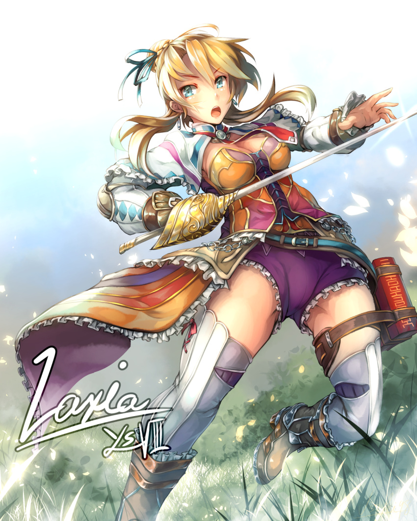 1girl, blonde_hair, blue_eyes, boots, braid, hakumare, highres, laxia_(ys)