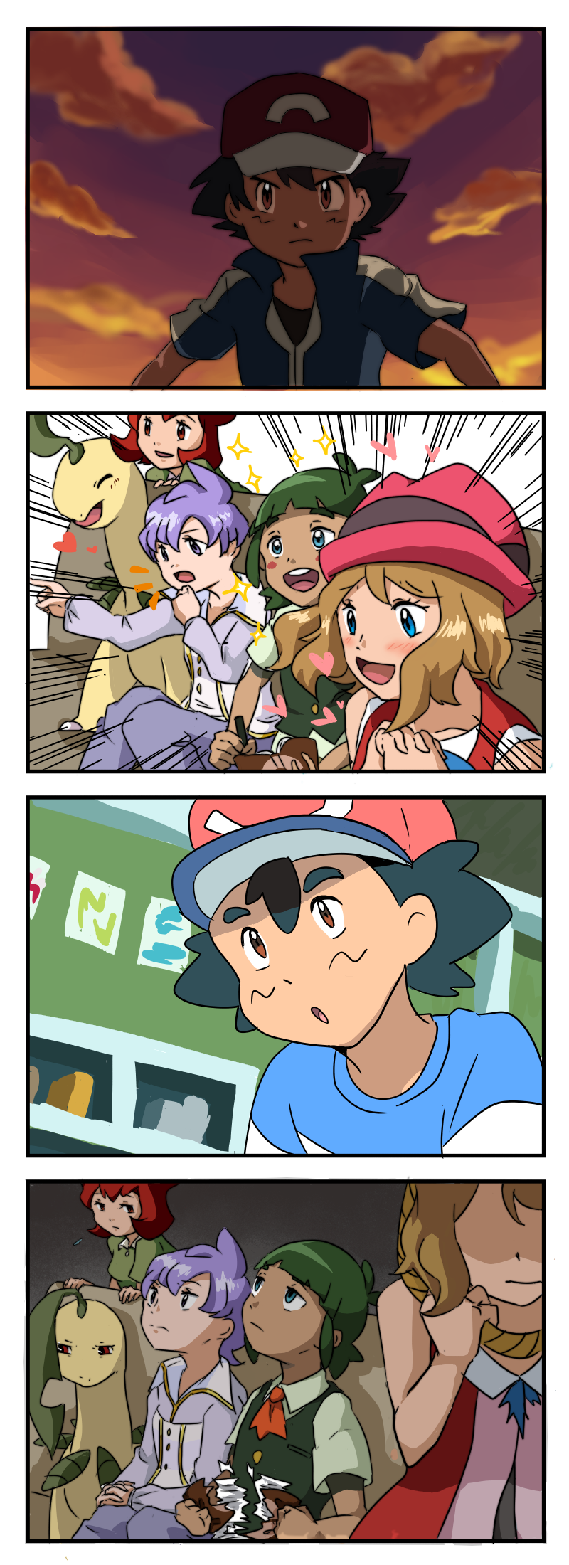 2boys, 3girls, 4koma, bayleef, comic, emphasis_lines, gaijin_4koma, heart