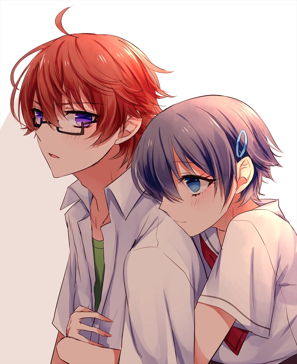 1boy, 1girl, blue_eyes, glasses, hair_ornament, highres, hug, hug_from_behind, ikushima_sora, purple_hair, redhead, sano_(merrymerry), school_uniform, shinomiya_yuuki, tokyo_xanadu, violet_eyes