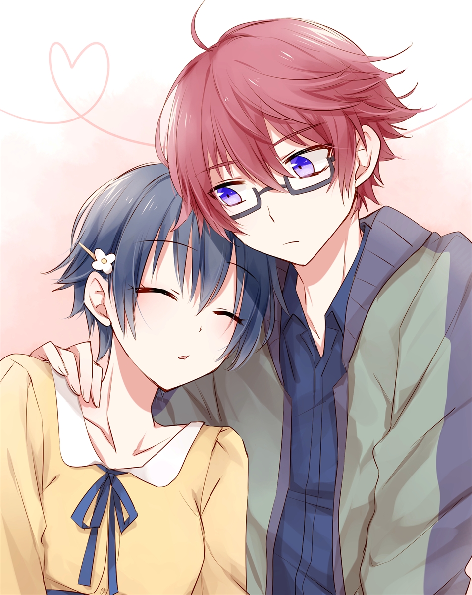 1boy, 1girl, blue_hair, closed_eyes, glasses, hair_ornament, hairclip, heart, heart_of_string, highres, ikushima_sora, leaning_on_person, redhead, sano_(merrymerry), shinomiya_yuuki, sleeping, tokyo_xanadu, violet_eyes