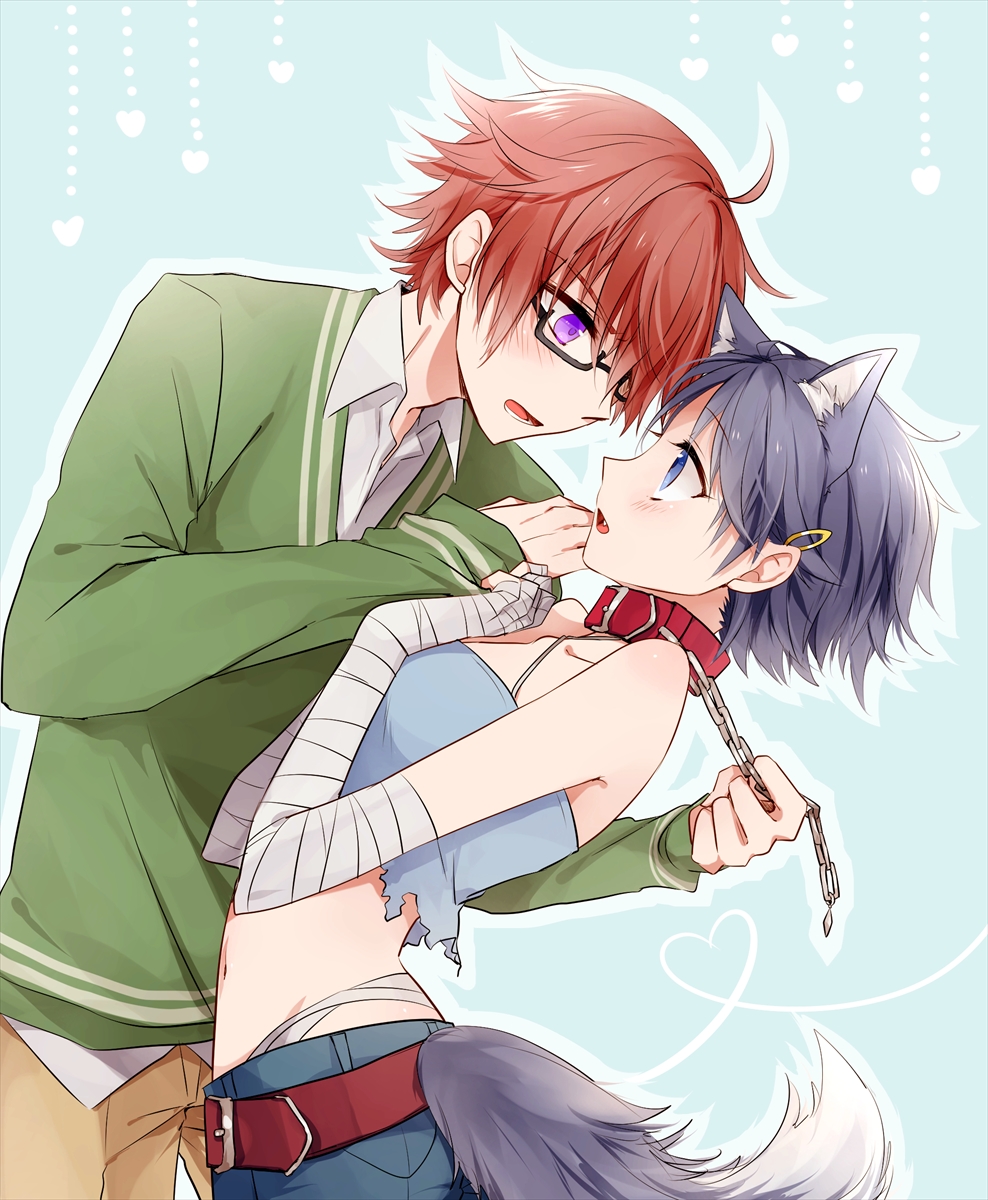 1boy, 1girl, animal_ears, bandages, belt, blue_eyes, chain, collar, glasses, hair_ornament, hairclip, highres, ikushima_sora, purple_hair, redhead, sano_(merrymerry), shinomiya_yuuki, short_hair, tail, tokyo_xanadu, violet_eyes