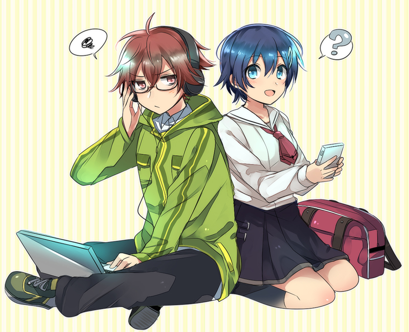 1boy, 1girl, ?, blue_eyes, blue_hair, brown_hair, enoki_nai, glasses