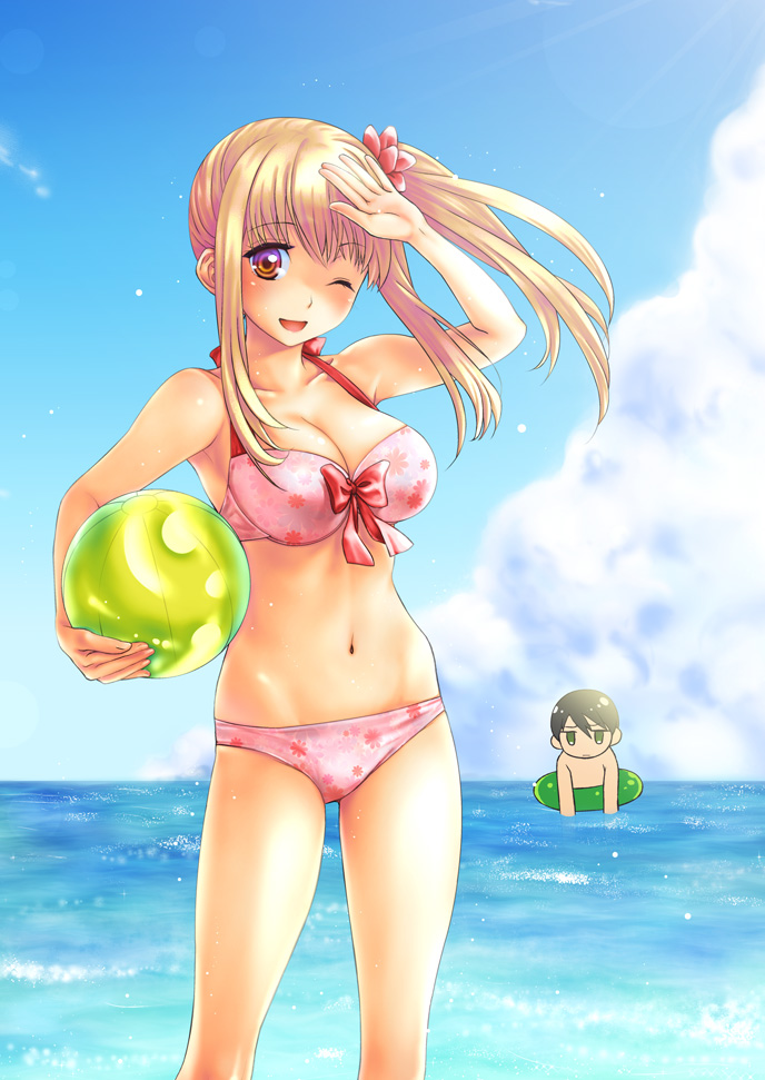 1boy, 1girl, ball, bikini, blonde_hair, brown_eyes, clouds, hikabe_sakuho