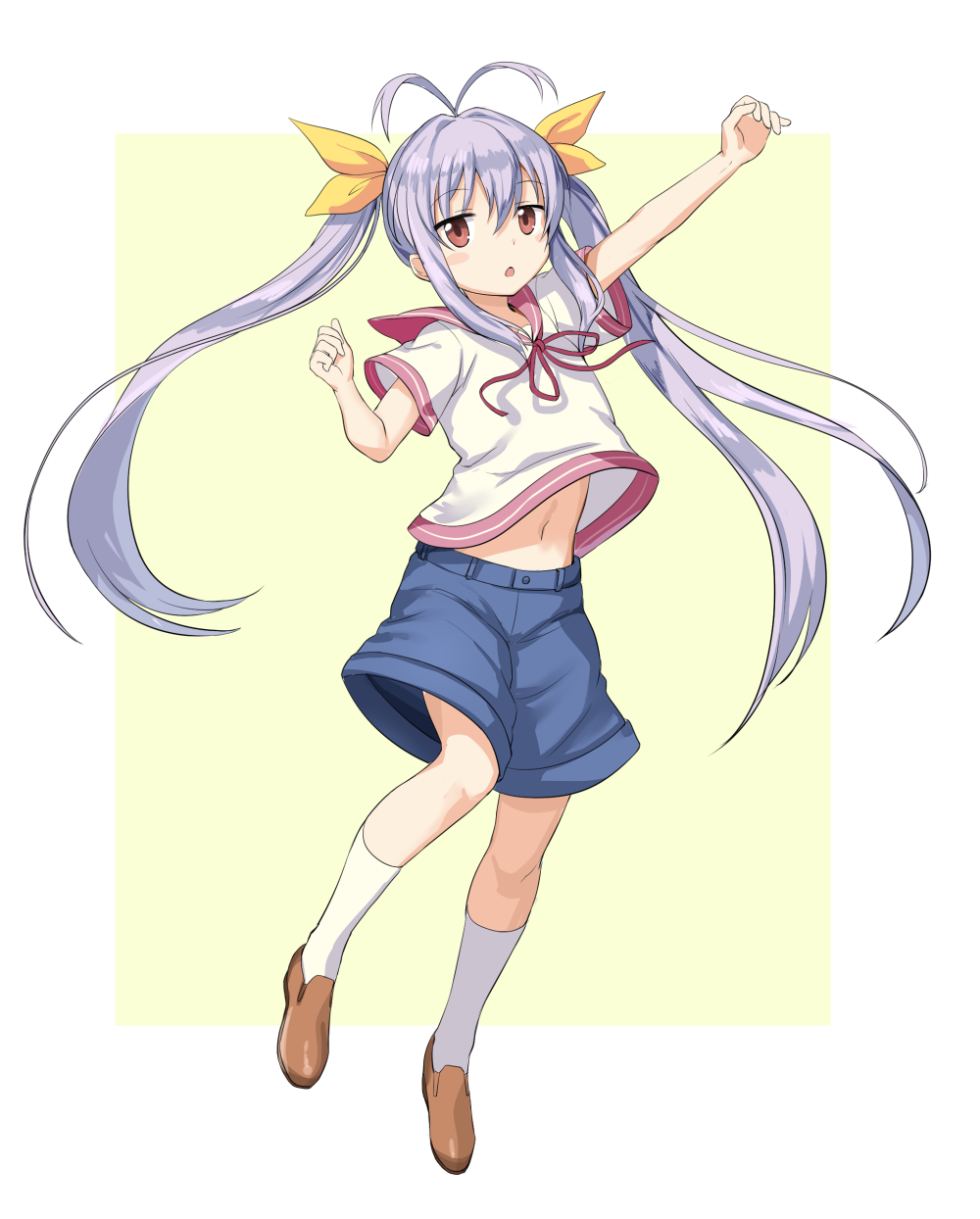 1girl, antenna_hair, arm_up, baggy_shorts, blue_shorts, blush_stickers, brown_eyes, chestnut_mouth