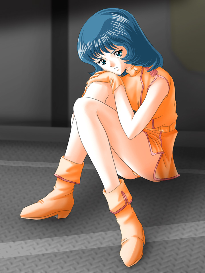 blue_eyes, blue_hair, boots, fa_yuiry, gloves, gundam, panchira_sit, panties