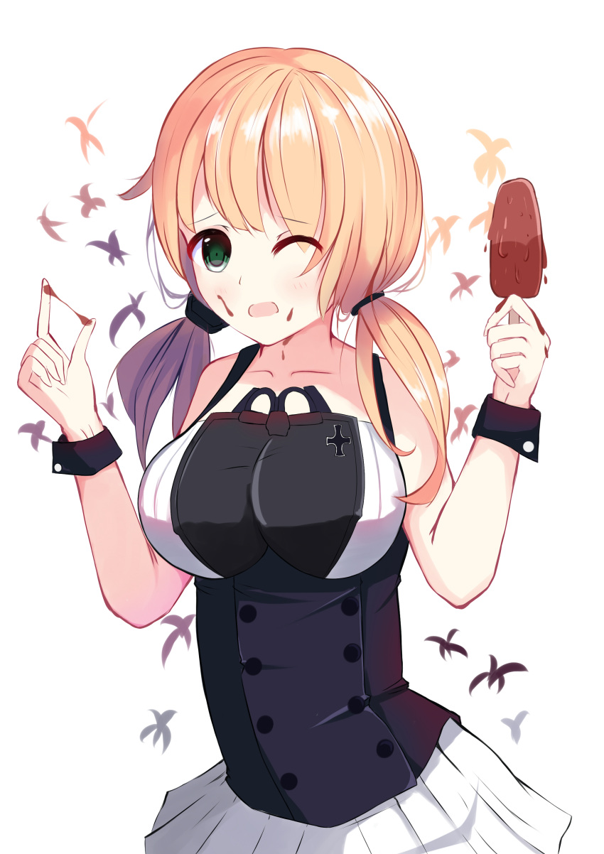 1girl, absurdres, alternate_breast_size, blonde_hair, chocolate, chocolate_on_face, collarbone, eyebrows