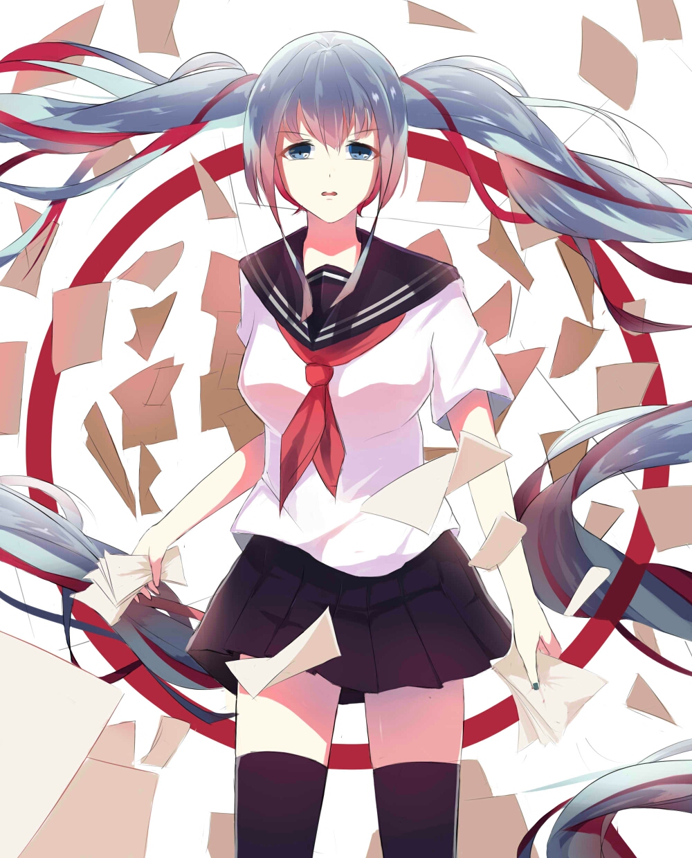 1girl, black_legwear, black_skirt, blue_eyes, blue_hair, fingernails, hafrizalramad, hair_ribbon