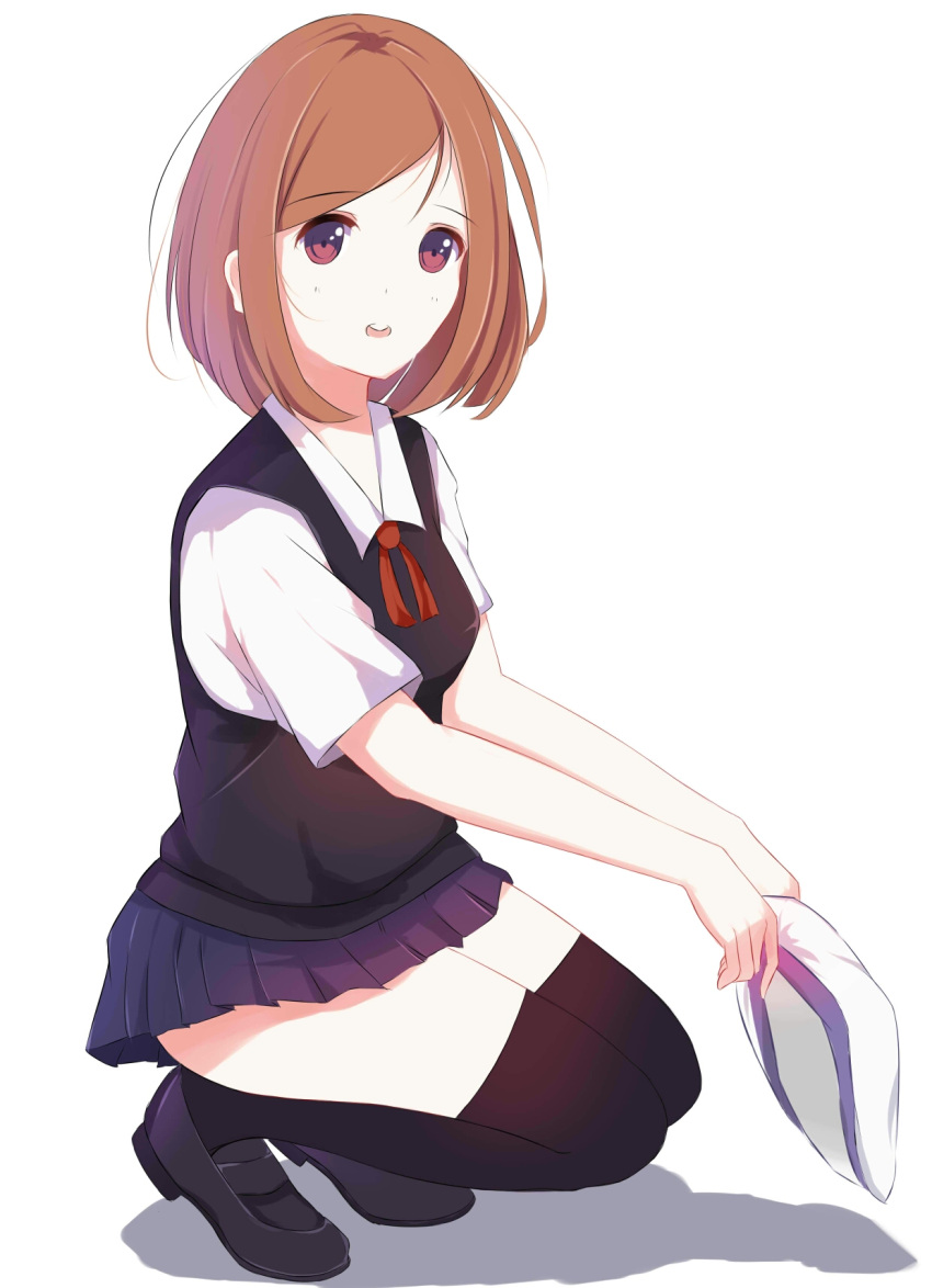 1girl, black_legwear, black_skirt, brown_eyes, brown_hair, eyebrows, eyebrows_visible_through_hair, hafrizalramad