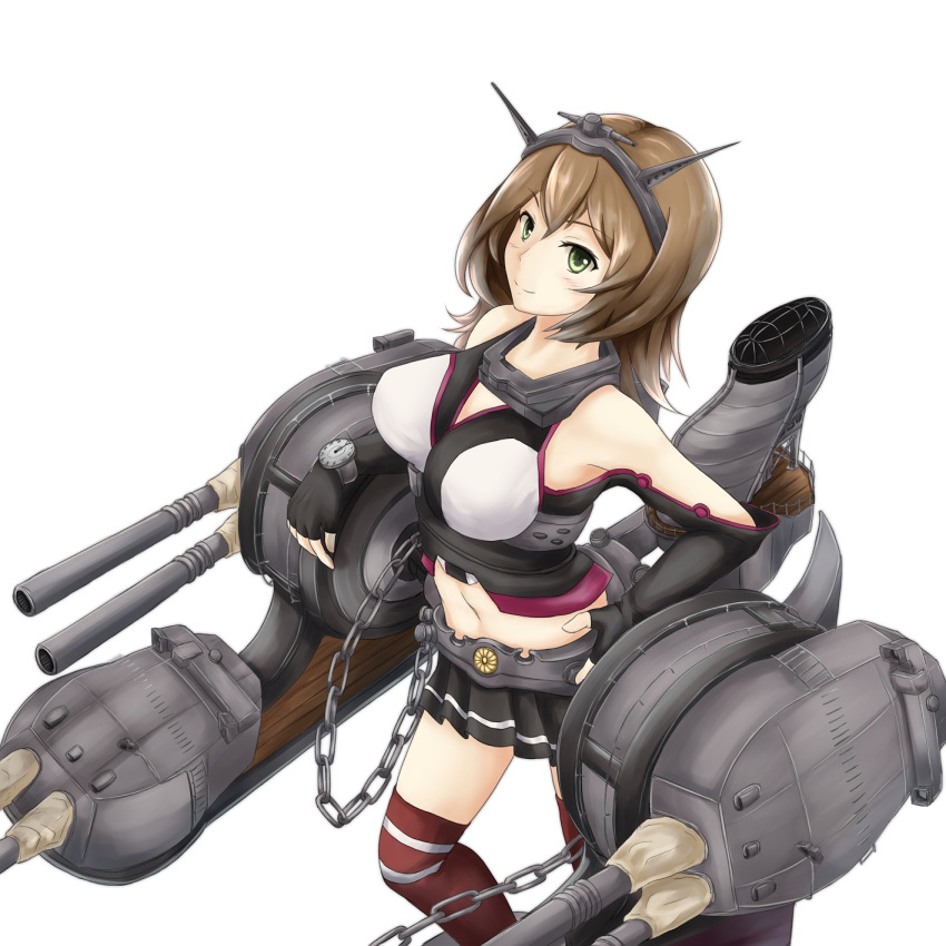 1girl, aira_(qwedcxza49), alternate_hair_length, alternate_hairstyle, bare_shoulders, breasts, bridal_gauntlets, brown_hair, chain, gloves, green_eyes, hairband, headband, headgear, highres, kantai_collection, large_breasts, long, machinery, midriff, miniskirt, mutsu_(kantai_collection), radio_antenna, red_legwear, skirt, smokestack, solo, turret