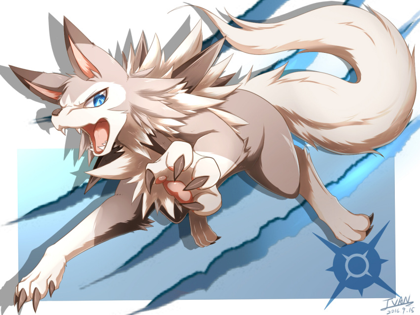 animal_ears, artist_name, blue_eyes, ivan_(ffxazq), lugarugan, no_humans, open_mouth, pokemon, pokemon_(creature), pokemon_(game), pokemon_sm, solo, tail, teeth, tongue, wolf_ears, wolf_tail
