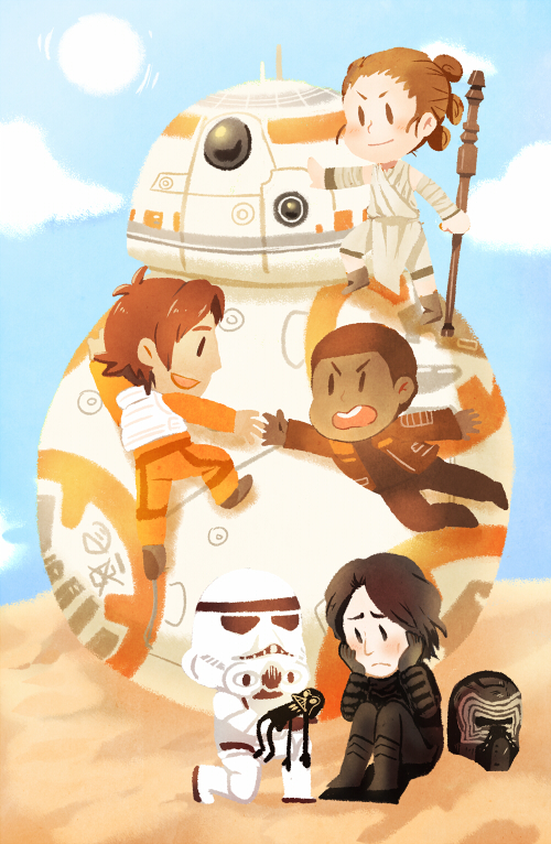 1girl, 4boys, bb-8, black_hair, brown_hair, character_doll, chibi, clouds