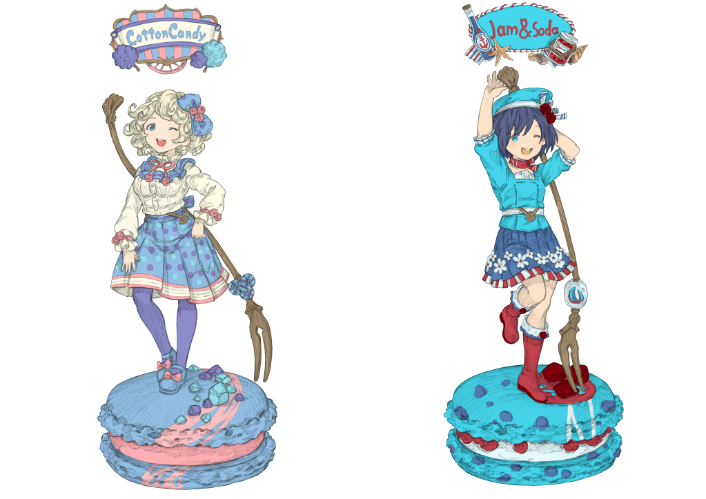 2girls, ;d, arm_up, beret, blonde_hair, blue_eyes, blue_hair, blue_hat