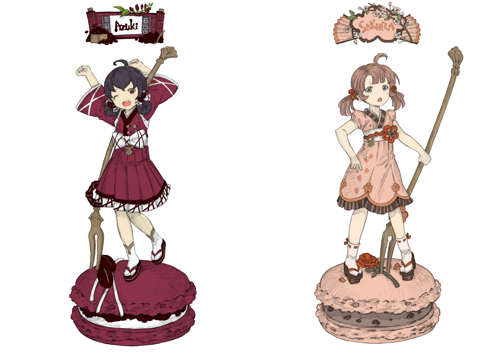 2girls, ;d, ahoge, beans, black_hair, blush, branch, brown_eyes