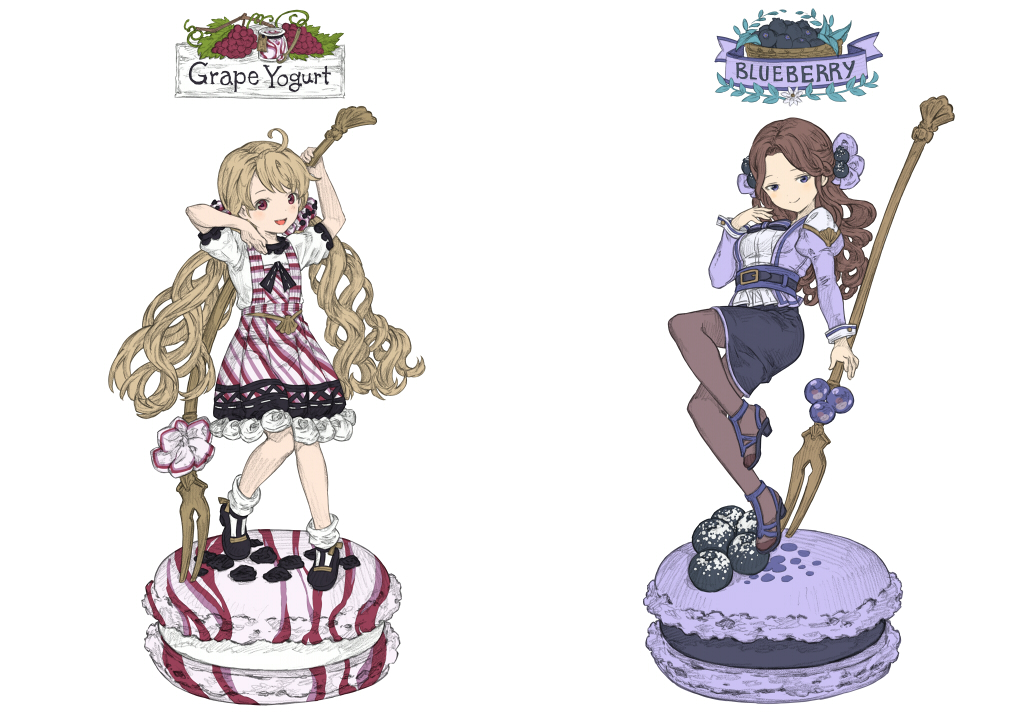 2girls, :d, ahoge, black_legwear, black_shoes, black_skirt, blue_eyes, blueberry