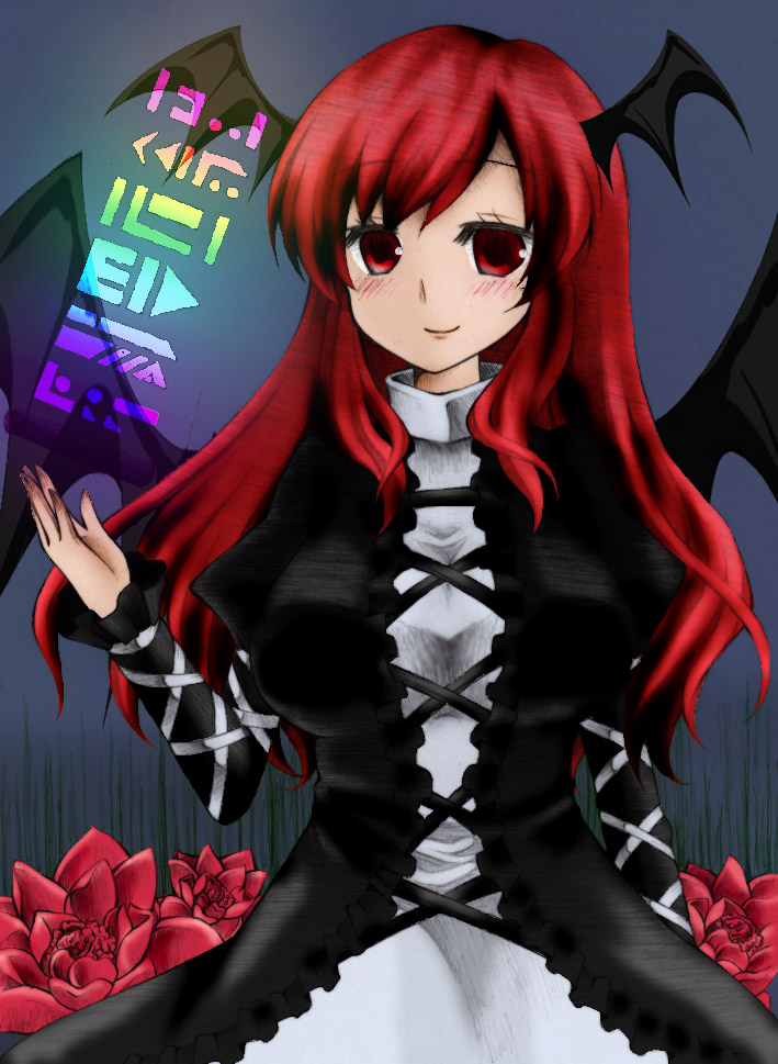 1girl, arm_up, bat_wings, black_dress, blue_background, blush, breasts, chitugo