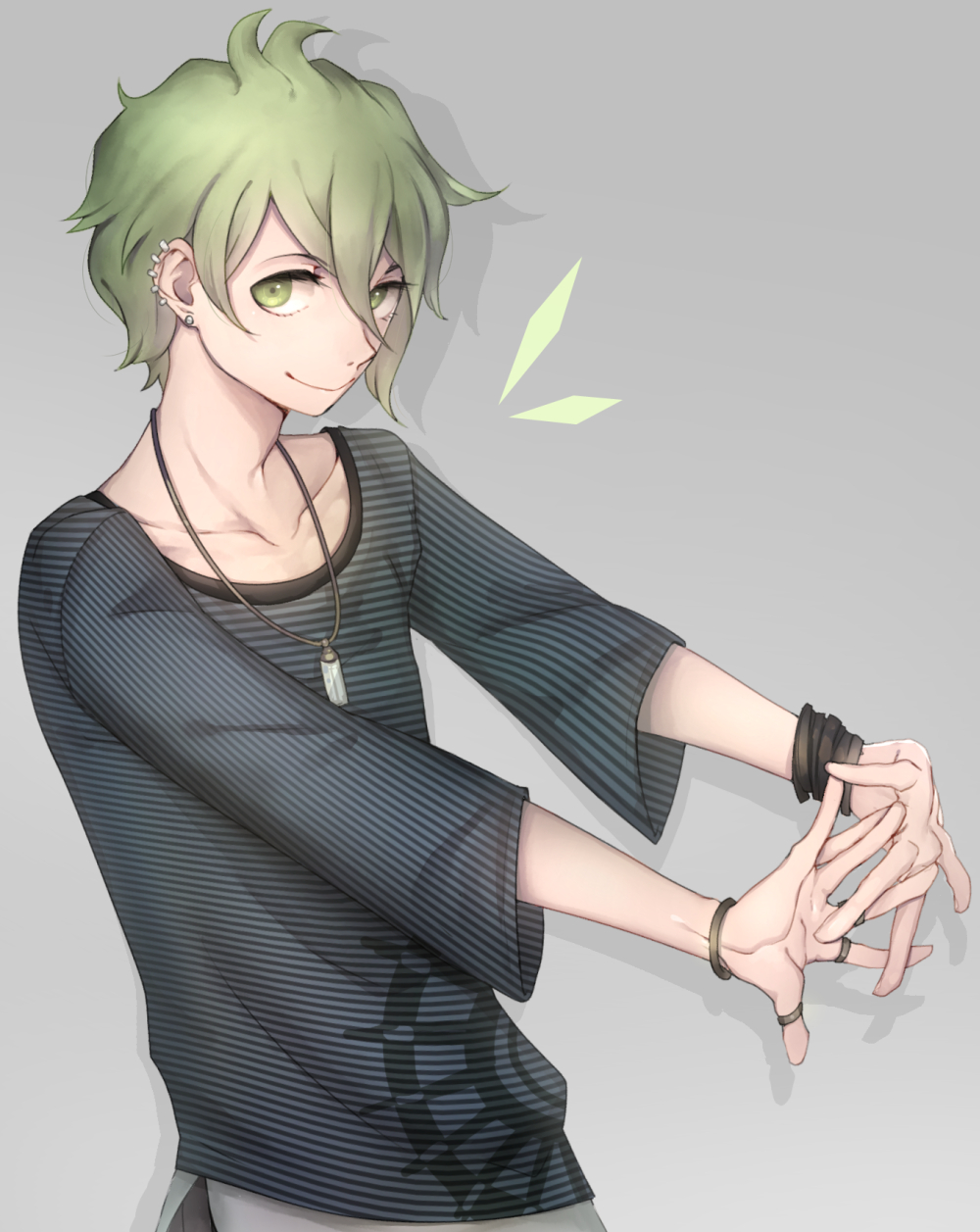 1boy, bangle, bracelet, dangan_ronpa, earrings, green_eyes, green_hair, grey_background