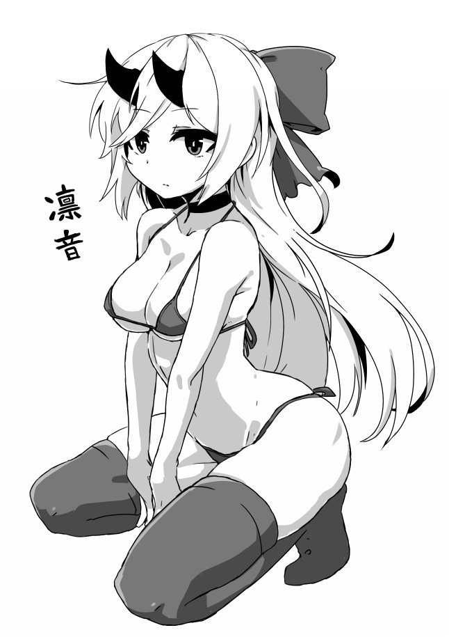 1girl, bikini, bow, breasts, character_request, choker, copyright_request, full_body, greyscale, hair_bow, horns, kneeling, kouno_miki, long_hair, medium_breasts, monochrome, simple_background, solo, string_bikini, swimsuit, thigh-highs, white_background