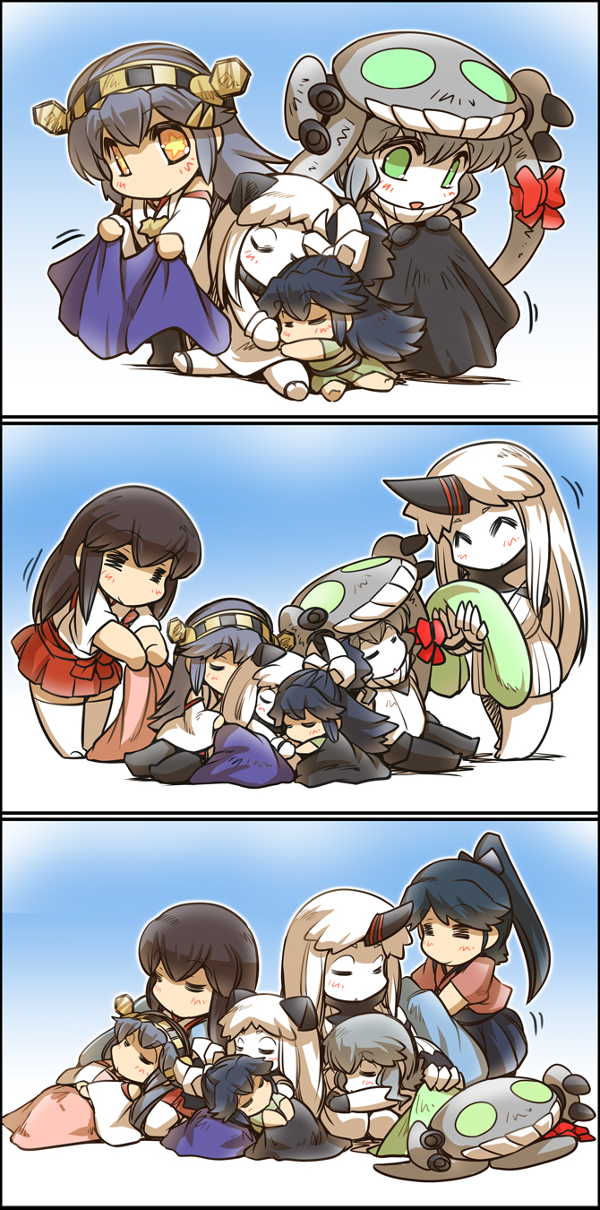 6+girls, =_=, akagi_(kantai_collection), bangs, black_gloves, black_hair, blanket, blankets, bodysuit, bow, brown_hair, cape, cape_removed, claws, closed_eyes, collar, commentary, covering_with_blanket, detached_sleeves, dress, gloves, green_eyes, grey_hair, hair_bow, hair_ornament, hairband, hairclip, hakama, haruna_(kantai_collection), hat, hat_removed, headgear, headwear_removed, high_ponytail, highres, hisahiko, horn, horns, houshou_(kantai_collection), japanese_clothes, kantai_collection, katsuragi_(kantai_collection), kimono, lap_pillow, long_hair, midriff, mittens, multiple_girls, nontraditional_miko, northern_ocean_hime, open_mouth, orange_eyes, parted_bangs, ponytail, red_hakama, ribbed_sweater, seaport_hime, seiza, shinkaisei-kan, sidelocks, sitting, sleeping, sleeping_on_person, sleeveless, sleeveless_dress, smile, star, star-shaped_pupils, sweater, sweater_dress, symbol-shaped_pupils, tentacles, thigh-highs, white_hair, wide_sleeves, wo-class_aircraft_carrier, younger