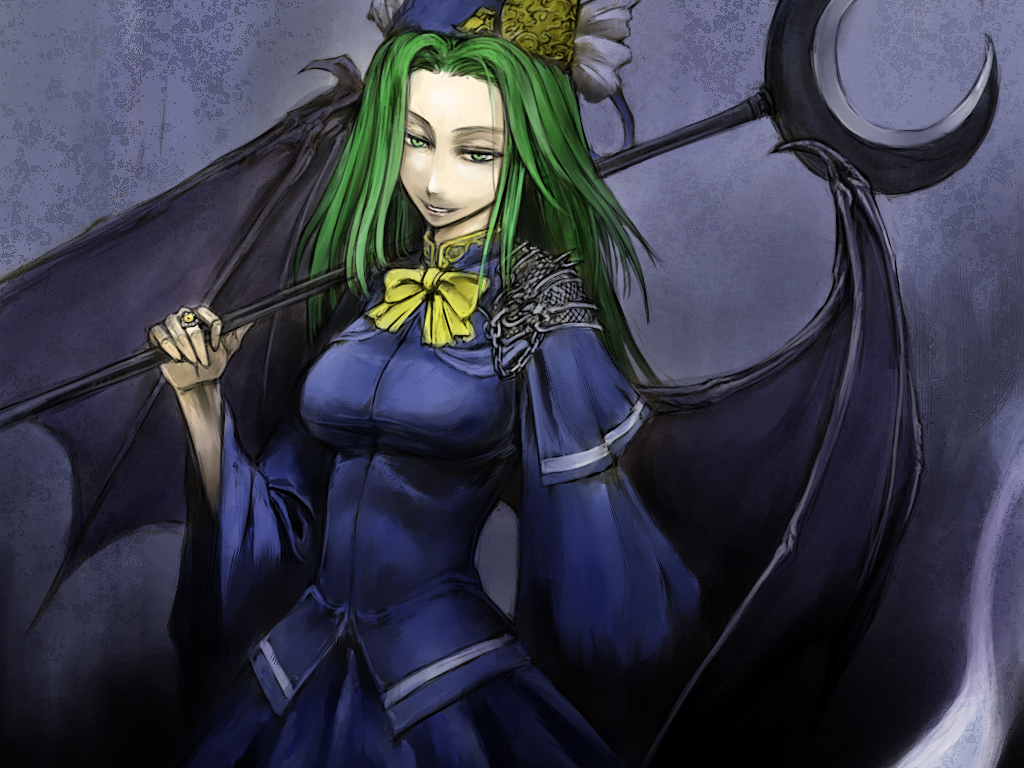 bat_wings, cervus, green_eyes, green_hair, hat, mima, smirk, touhou, wings, wizard_hat