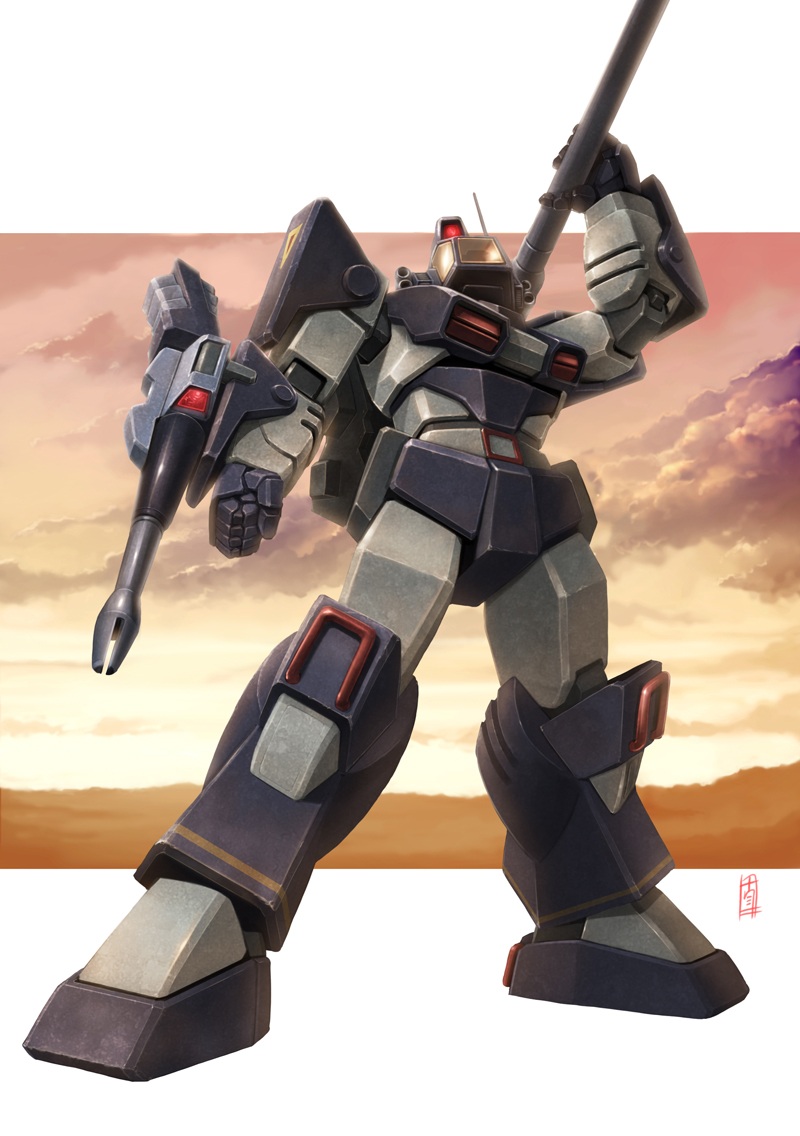 antennae, arm_cannon, clouds, desert, dougram, mecha, realistic, science_fiction