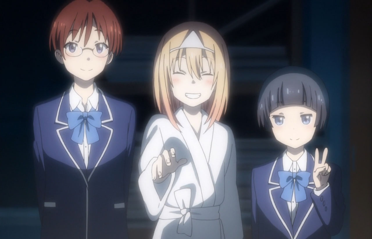 3girls, ayase_kaori, black_eyes, black_hair, blue_eyes, brown_hair, closed_eyes, glasses