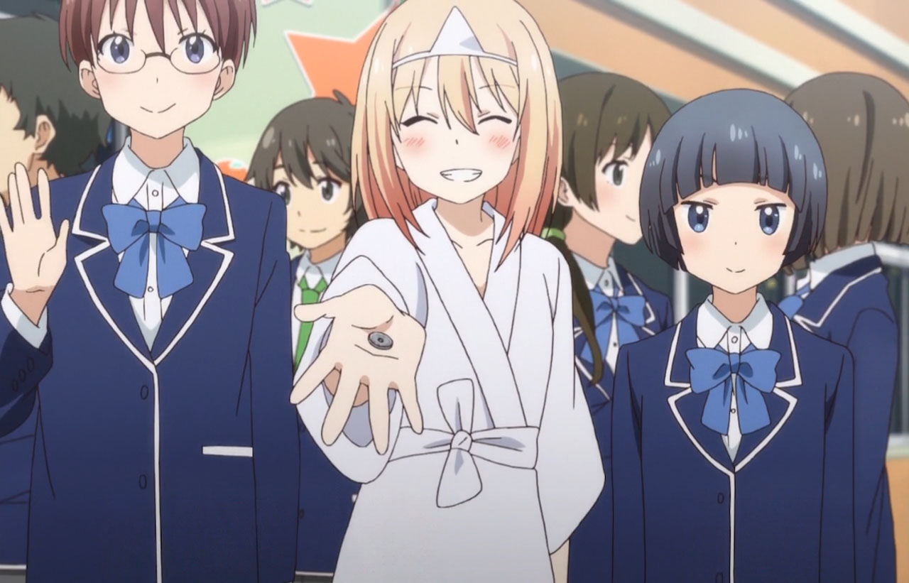 3girls, ayase_kaori, black_eyes, black_hair, blue_eyes, brown_hair, closed_eyes, coin