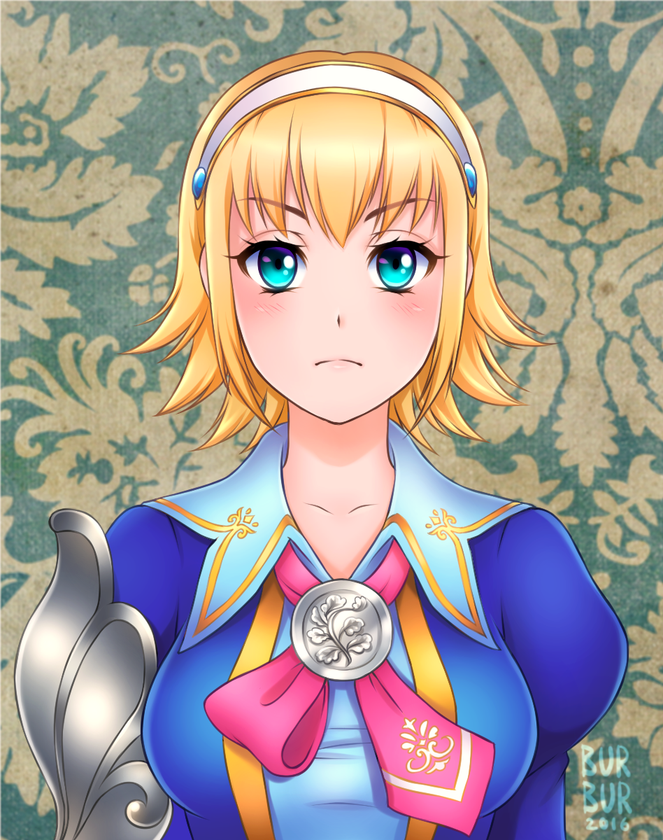 1girl, bangs, blonde_hair, blouse, blue_eyes, blush, breasts, burbur