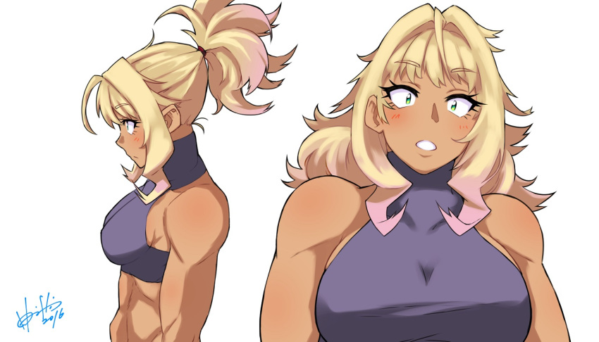 1girl, blonde_hair, blush, dark_skin, green_eyes, hair_down, hori_shin, muscle