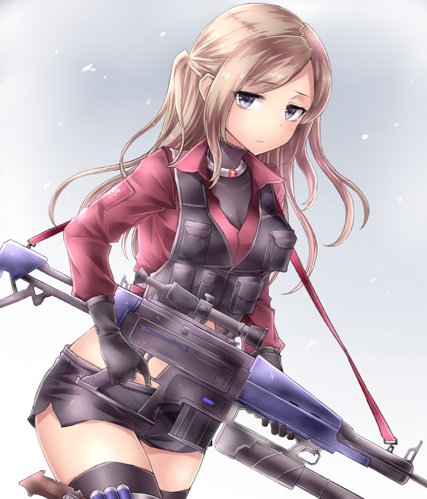1girl, bangs, black_gloves, box_magazine, breasts, brown_hair, bullet, collar
