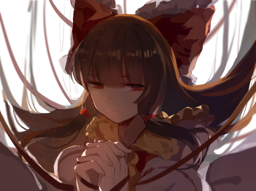 1girl, alternate_eye_color, ascot, bangs, bare_shoulders, bow, brown_hair, detached_sleeves, dress, hair_bow, hair_ornament, hair_tie, hakurei_reimu, hands_together, hands_up, interlocked_fingers, juine, long_hair, looking_at_viewer, red_dress, red_eyes, red_ribbon, ribbon, sidelocks, solo, touhou, upper_body