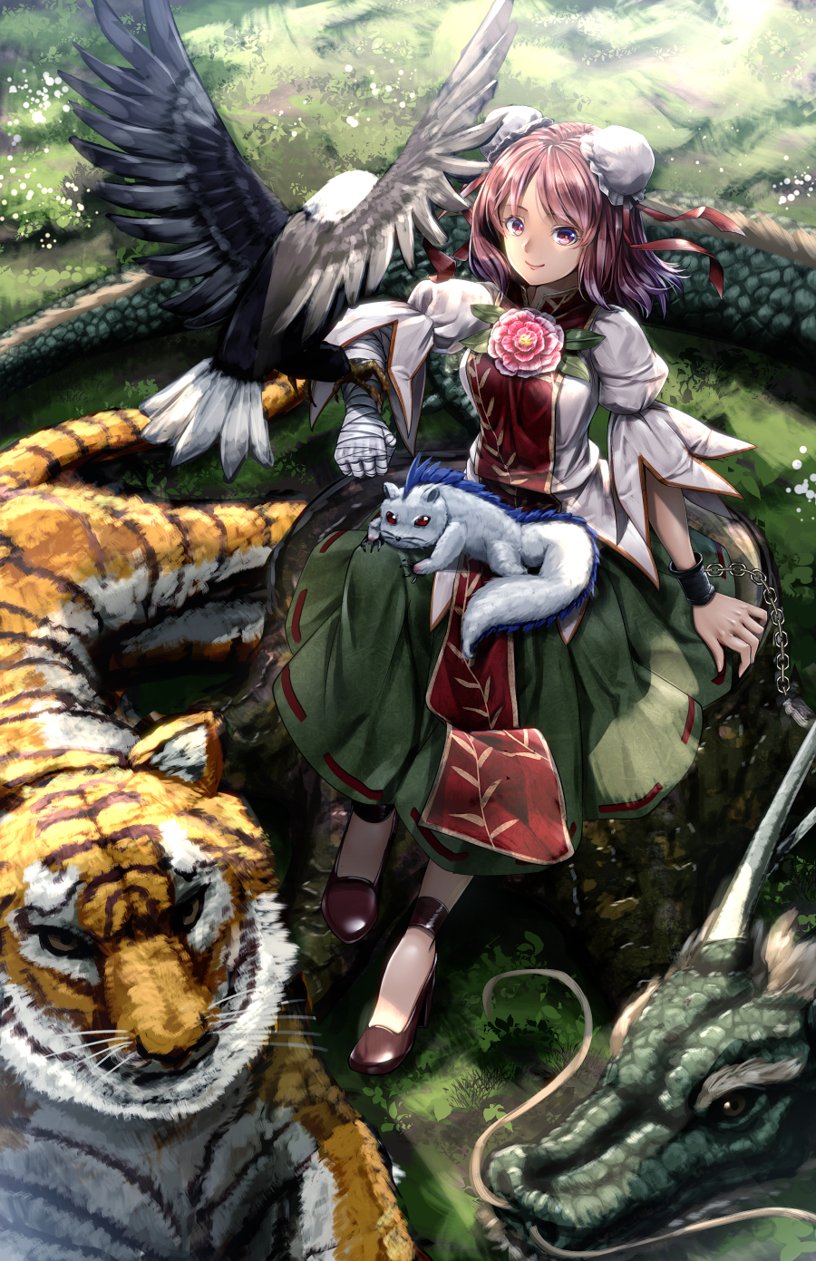 1girl, animal, arm_at_side, bandaged_arm, bandages, bird, brown_shoes, bun_cover