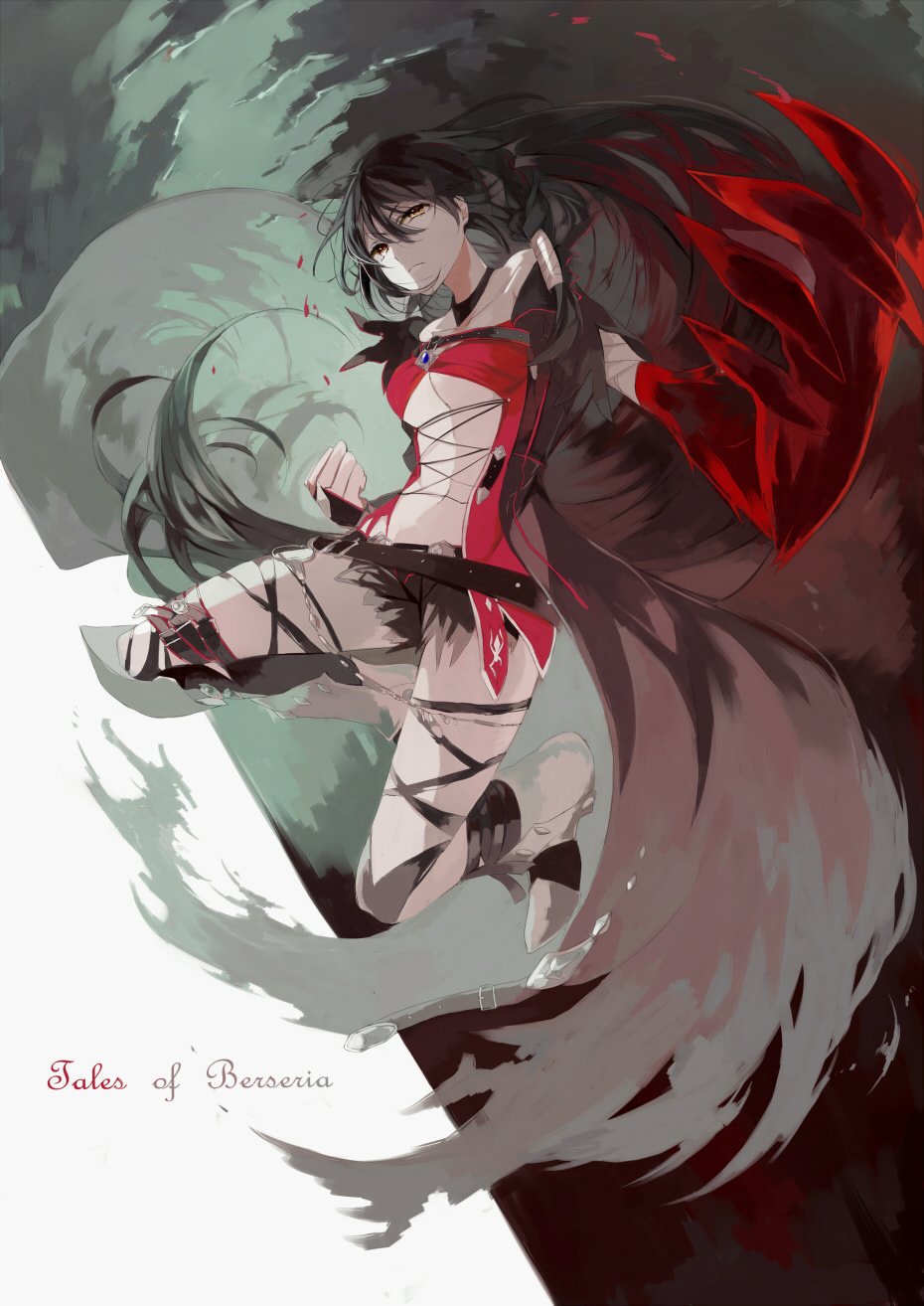 1girl, belt, black_hair, breasts, choker, claws, closed_mouth, copyright_name, frown, full_body, highres, long_hair, looking_at_viewer, megochi, revealing_clothes, serious, short_shorts, shorts, solo, tales_of_(series), tales_of_berseria, thigh-highs, torn_clothes, torn_thighhighs, under_boob, velvet_crowe, yellow_eyes