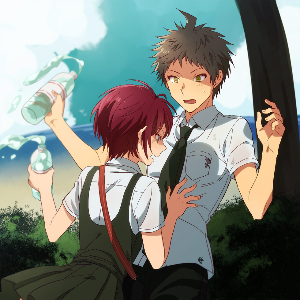 1boy, 1girl, blush, bottle, dangan_ronpa, green_eyes, hinata_hajime, koizumi_mahiru