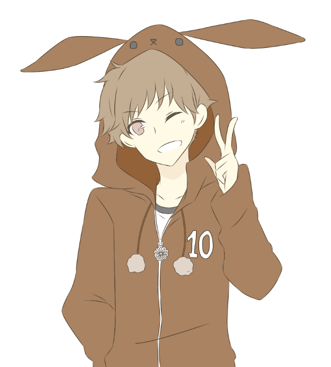 1boy, animal_hood, brown_hair, bunny_hood, hood, hooded_jacket, jacket, kannazuki_iku, male_focus, number, ren_(friends-love), simple_background, solo, tsukiuta, upper_body, white_background