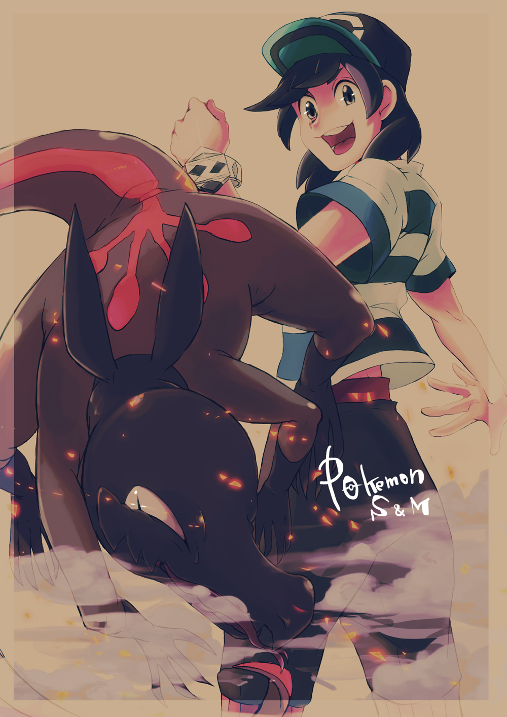 1boy, black_hair, copyright_name, embers, grin, haruto1192, hat, highres