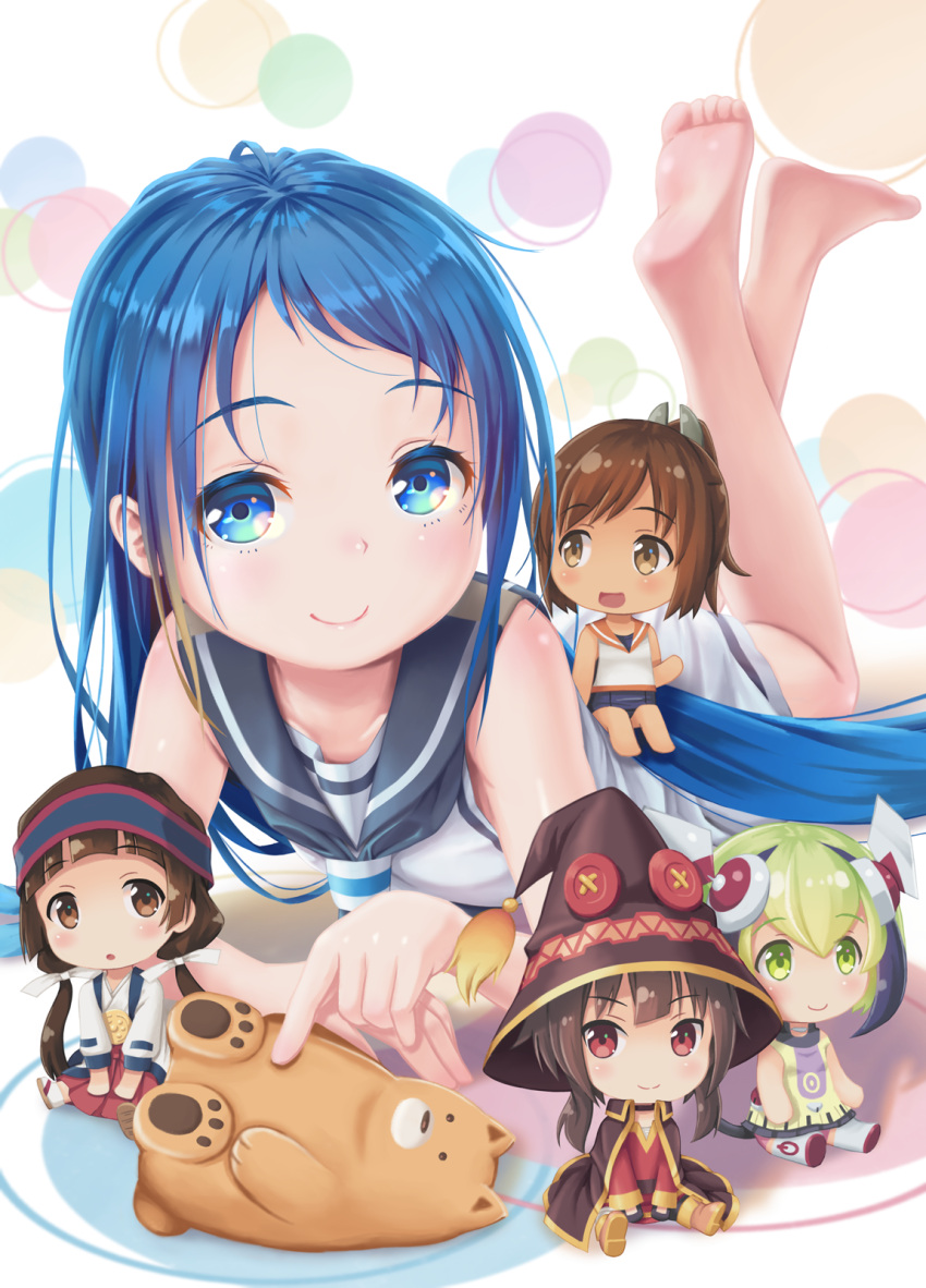 5girls, ainu_clothes, amayadori_machi, android, bangs, bare_arms, bare_shoulders, barefoot