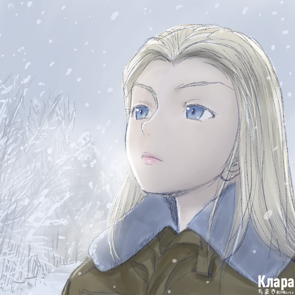 1girl, blonde_hair, blue_eyes, breath, chimaki_(u9works), clara_(girls_und_panzer), falling_snow, girls_und_panzer