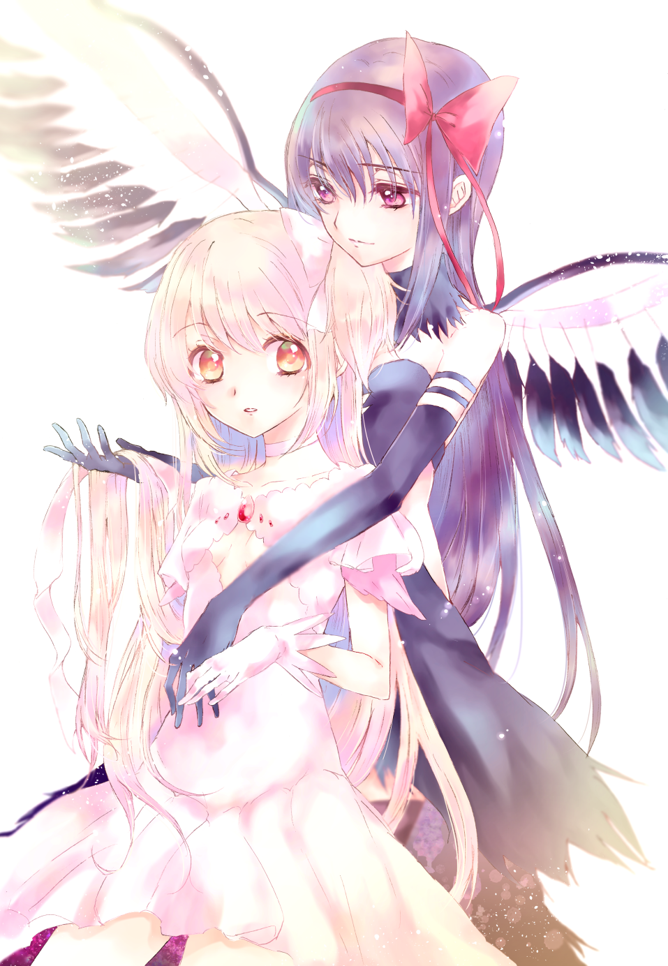 2girls, akemi_homura, akuma_homura, black_gloves, black_hair, black_wings, bow, choker, cleavage_cutout, cowboy_shot, dress, elbow_gloves, gloves, goddess_madoka, hair_grab, highres, kaname_madoka, long_hair, looking_at_viewer, mahou_shoujo_madoka_magica, mahou_shoujo_madoka_magica_movie, multiple_girls, parted_lips, pink_eyes, pink_hair, purple_hair, red_bow, red_eyes, shakemi_sara, very_long_hair, violet_eyes, white_background, white_dress, white_gloves, wings
